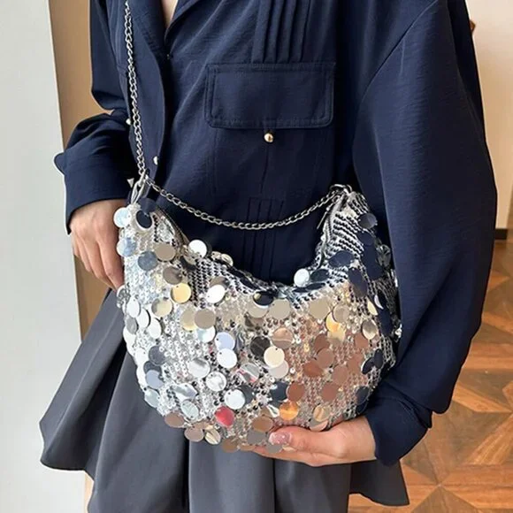 Women Shinny Evening Bag Bucket Purse Handbag Sequin Shoulder Bags Crossbody Bag - Picture 2 of 5